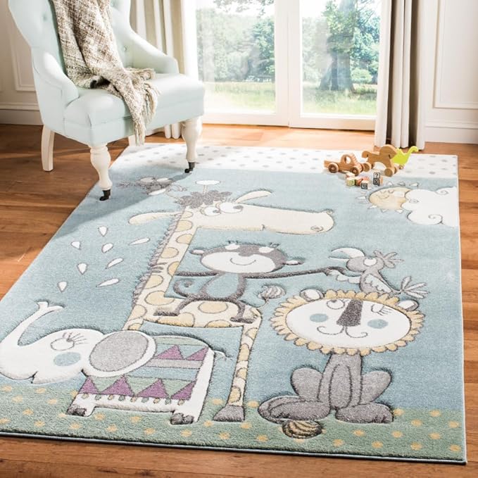 SAFAVIEH Carousel Kids Collection Area Rug - 6'7" x 9', Ivory & Blue, Animal Design, Non-Shedding & Easy Care, Ideal for High Traffic Areas for Boys & Girls in Playroom, Nursery, Bedroom (CRK185A)