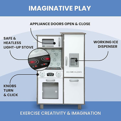 Delta Children Gourmet All-in-One Corner Play Kitchen - Toy Kitchen Playset with Safe & Heatless Stove with Lights, Oven, Sink, Fridge/Freezer with Ice Maker and 20 Accessories, Natural/White