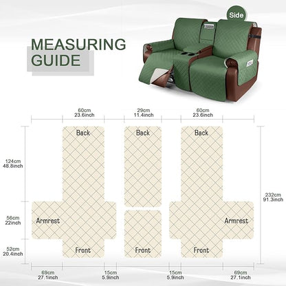 KinCam 100% Waterproof Recliner Loveseat Cover with Console, Non-Slip Reclining Couch Covers for 2 Seat, Recliner Sofa Cover Furniture Protector with Elastic Straps for Kids, Pets, Vine Green