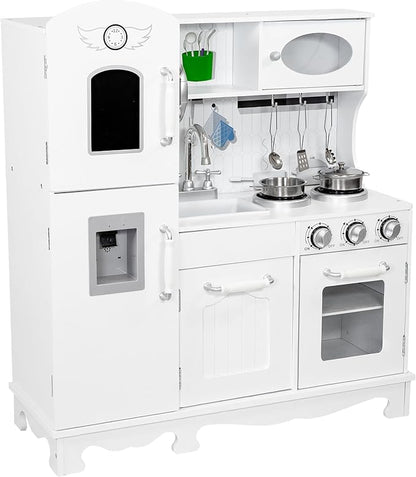 Sunnydaze Chef Sounds Interactive Play Kitchen for Kids - Wooden Kitchen Playset with Lights, Sounds, and Accessories - White