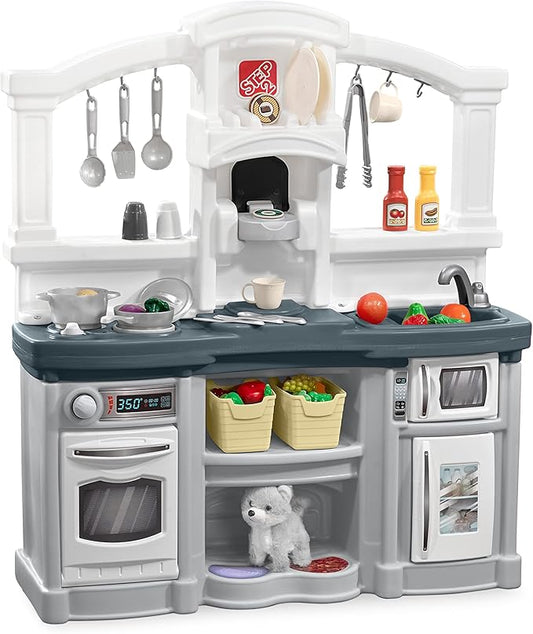 Step2 Fun with Friends Kids Kitchen Playset, Indoor/Outdoor Kitchenette with Lights & Sounds, Durable Plastic, 25-Piece Toy Accessories, Toddlers 2+ Years, Gray