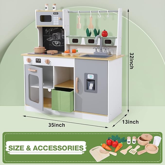Bophy Wooden Farm & Kitchen Playset, Kids Play Kitchen with Cookware Accessories, Wooden Chef Pretend Play Set with Ice Maker, Chalkboard, Planter Area