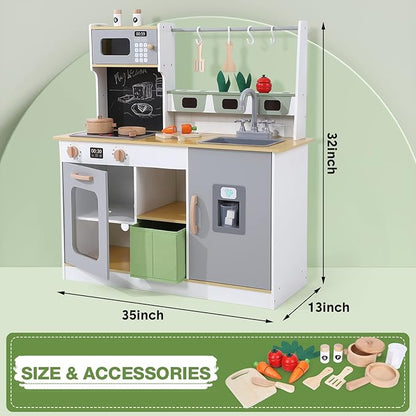 Play Kitchen for Kids, Wooden Play Kitchen with Toy Storage System, Kids Play Kitchen with Cookware Accessories, Kids Play Kitchen Designed, Gift for Ages 3+