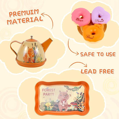 Tea Party Set for Toddlers 3-5 44 Pcs Bear Tin Teapot Set with Cups,Plates,Dessert and Carrying Case Pretend Play Kitchen Toys for Little Girls Birthday Gifts for 3 4 5 Year Old