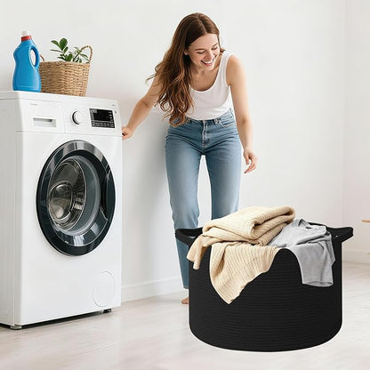 65L Extra Large Woven Cotton Rope Blanket Basket with Handles, Laundry Hamper Storage Bin for Pillows, Comforters,Clothes, Toys, Nursery, Bedroom and Living Room Organization,Black