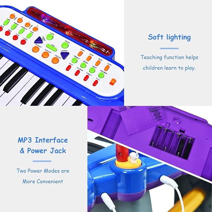 Costzon 37-Key Kids Piano Keyboard Toy, Toddler Electronic Musical Instrument Educational Toy w/Microphone, Multiple Sounds, Record Playback, Lights & Stool, Birthday Gift for Girls Boys Age 3+, Blue