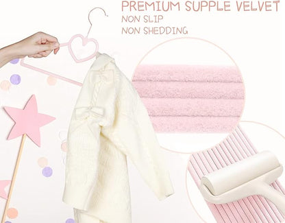 Pink Heart Velvet Baby Hangers - 50pack 13inch Toddler Hangers with 20pcs Clips, Premium Velvet Strong and Durable Baby Clothes Hangers Without Slipping, Ultra Slim and Stackable Space Saving
