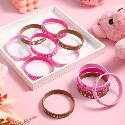 Zomiboo 36 Pieces Baby Shower Rubber Bracelets, It's a Boy It's a Girl Wristbands Elephant Baby Shower Decorations for Boy Girl Baby Shower Party Favor Gender Reveal Party Supplies (Pink Bear Style)