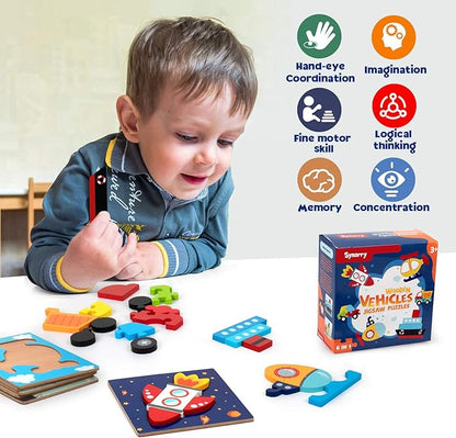 SYNARRY Wooden Vehicle Puzzles for 3 4 5 Years Old Boys Girls, Puzzles for Toddlers 2-4, Montessori Educational Toys Gifts with 6 Vehicles Transportation Puzzles, Vibrant Color Shapes