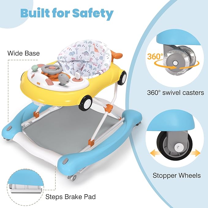 5-in-1 Convertible Baby Walker with Steering Wheel Music Activity Center – Infant Rocker, Jumper, Push Walker, Bouncer & Feeding Foldable Walker for Ages 6-18 Months Boys Girls (Yellow Blue)