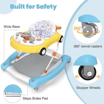5-in-1 Convertible Baby Walker with Steering Wheel Music Activity Center – Infant Rocker, Jumper, Push Walker, Bouncer & Feeding Foldable Walker for Ages 6-18 Months Boys Girls (Yellow Blue)