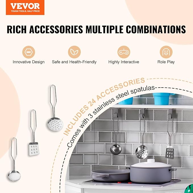 VEVOR Corner Wooden Play Kitchen, Toy Set with Lights and Sounds, Toddler Kitchen with Ice Maker, Oven, Sink, Clock, Microwaves, Refrigerator and Accessories, for Toddlers, Preschoolers, White