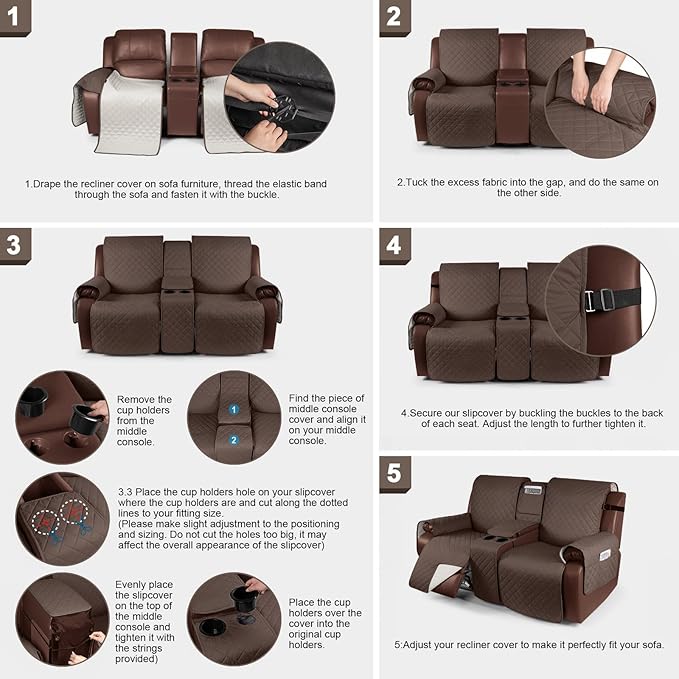 KinCam 100% Waterproof Recliner Loveseat Cover with Console, Non-Slip Reclining Couch Covers for 2 Seat, Recliner Sofa Cover Furniture Protector with Elastic Straps for Kids, Pets, Deep Brown
