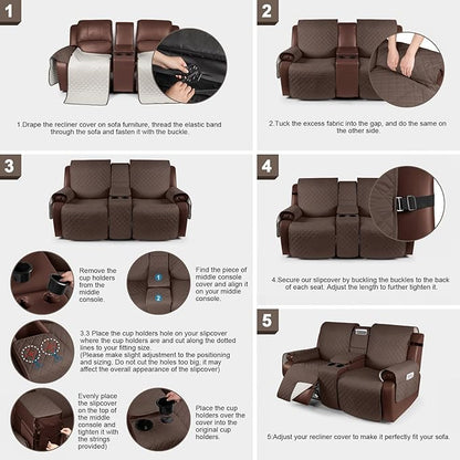 KinCam 100% Waterproof Recliner Loveseat Cover with Console, Non-Slip Reclining Couch Covers for 2 Seat, Recliner Sofa Cover Furniture Protector with Elastic Straps for Kids, Pets, Deep Brown