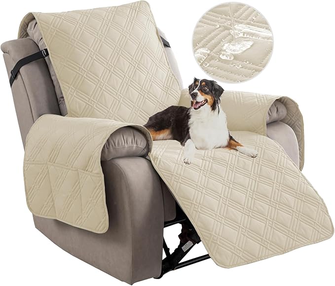 Easehomey 100% Waterproof Recliner Chair Covers, Non Slip Dog Chair Cover Furniture Protector Washable Chair Cover with Pocket, Elastic Straps for Kids,Pets,Dogs (Beige, 23.6")