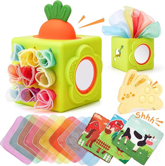 hahaland Silicone Baby Tissue Box Toy - Baby Toys 6-12 Months Montessori Toys for 6 Month Old Babies, 6-in-1 Soft Busy Activity Cube with Scarves, Crinkle, Textures, Mirror, Sensory Popper 9 Month Old
