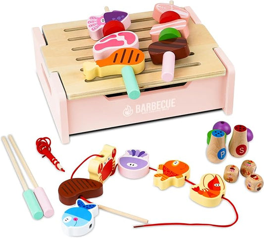 Wooden Grill Playset for Kids 3 Years Old,Children BBQ Grill Playset,2023 New Upgrade Play Kitchen Toy Grill-Pink