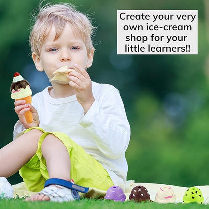 Kids Ice Cream Toy Set - Pretend Play Sweet Treats Ice Cream Parlour Dessert Accessories Playset with Cone and Scoop for Toddler Imaginary Play