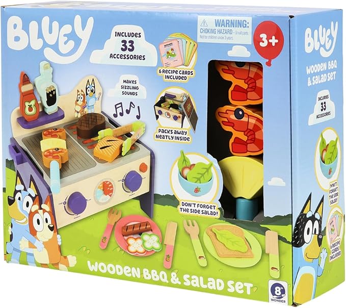 Bluey – Wooden BBQ and Salad Set, 33-Piece Colorful Playset with Tongs and Food Pieces – Realistic Role-Play & Imaginative Fun for Ages 3 Years and Up