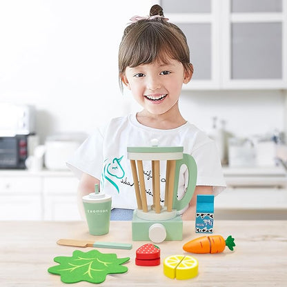 Teamson Kids Play Kitchen Accessories Little Chef 13 Piece Wooden Smoothie Blender Set with Cutting Fruit, Ingredients and to-Go Cup with Straw