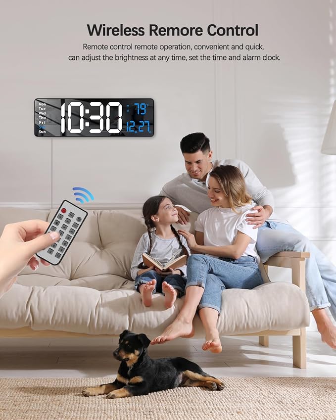 JoFomp Modern 16" Large Digital Wall Clock with Remote Control, LED Display, Auto-Dimming, Countdown, Temperature, Calendar - 12/24Hr Format - Silent Wall Clock for Home, Office, or Gym Use (Blue)