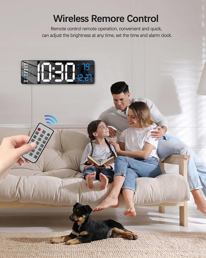 JoFomp Modern 16" Large Digital Wall Clock with Remote Control, LED Display, Auto-Dimming, Countdown, Temperature, Calendar - 12/24Hr Format - Silent Wall Clock for Home, Office, or Gym Use (Blue)