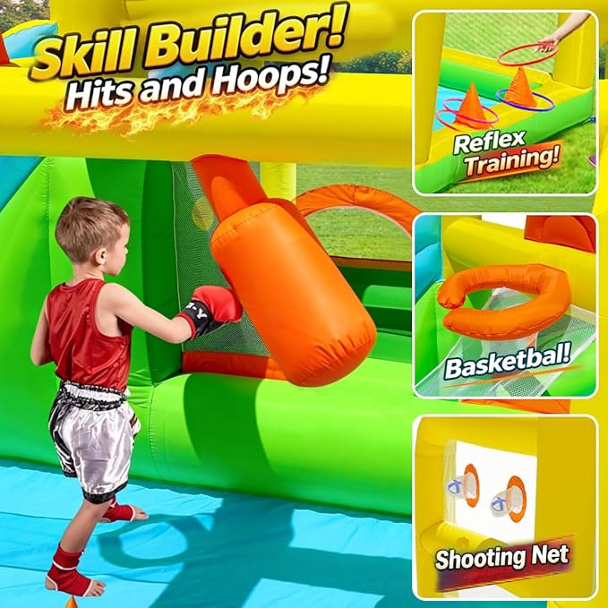 Baralir Duck-Themed Inflatable Bounce House with Extra Wide Slide & Climbing Wall, Basketball Hoop, Ring Toss, Punching Bag, 2-in-1 Splash Pool/Ball Pit - Indoor/Outdoor Jumping Castle for Toddlers