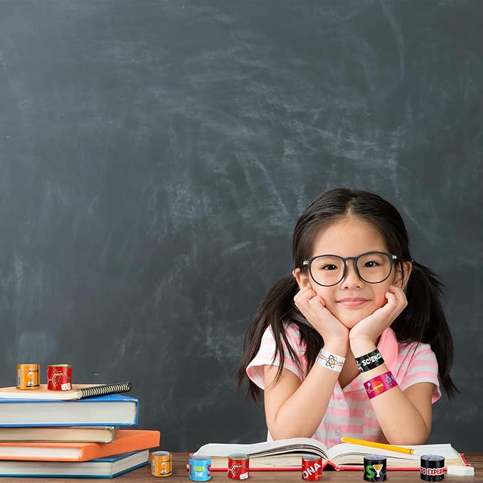 Marsui 48 Pcs Science Slap Bracelets Bulk Snap Bracelets for Science Party Favors Prizes Gifts Decorations Scientist Birthday Party Supplies, 24 Designs