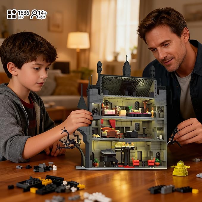 Haunted House Building Set with Lights, Halloween Mansion Building Block Toy Compatible with Lego Adults, Idea for Boys, Girls, Movie Fan Age 14+ (1686 PCS)