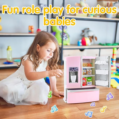 PLAY Kids Kitchen Refrigerator with Ice Dispenser, Pretend Play Fridge Kitchen Set for Toddlers, Toy Kitchen Appliance Accessories for Girl Boy Christmas Birthday Gift Age 1-3 4-8