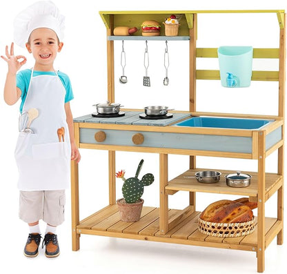 HONEY JOY Mud Kitchen, Fir Wood Outdoor Play Kitchen for Toddlers, Removable Sink, Real Water Tank with Faucet, Utensils, Pretend Play Mud Kitchen for Kids Outdoor, Gift for Boys Girls, Natural
