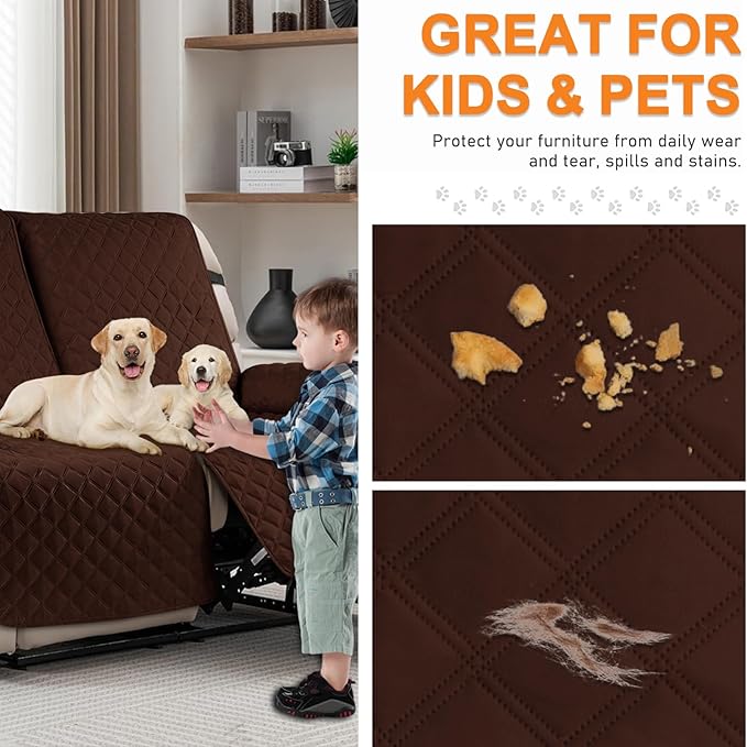 Waterproof Recliner Loveseat Sofa Cover with Pocket, 1-Piece Reversible Couch Cover for 2 Seat Recliner, Protector with Elastic Straps for Pets, Kids (Recliner Loveseat, Dark Coffee)