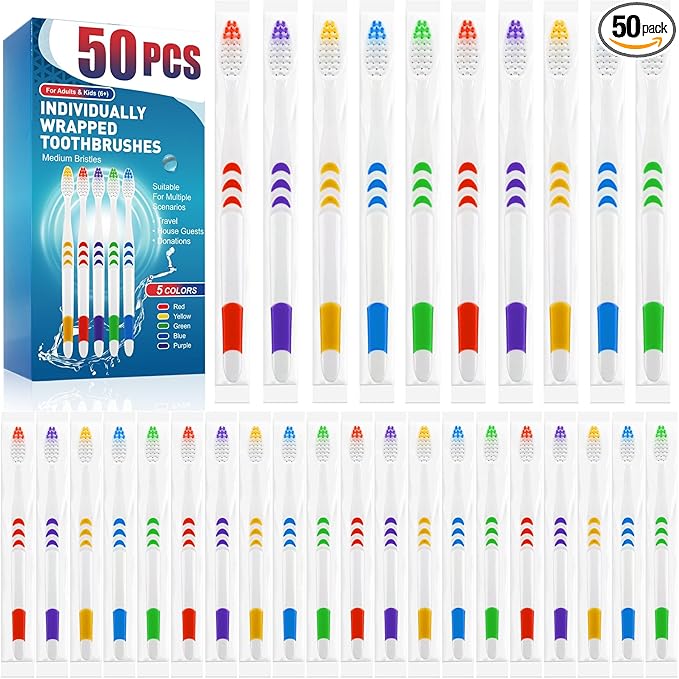 Navona 50 PCS Individually Wrapped Bulk Toothbrush Pack, Disposable Toothbrush, Soft Toothbrush for Adult or Kid, Soft Bristle Toothbrush, Ergonomics Handle, Perfect for Travel, Hotel, Donation