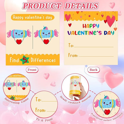 FaCraft Find 5 Difference Valentines Day Cards for Kids Classroom School Valentines Gifts Cards for Kids Boys Girls School Classroom Valentines Party Favors Valentines Exchange Cards with Envelopes