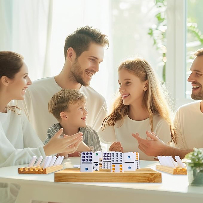 GOTHINK Mexican Train Dominoes Set, 91 Tiles Double 12 Dominos Set for Adults and Family, with Wooden Trays*8, Metal Trains*9, Wooden Hub & Scoreboards, Dominoes Tile Board Game in Storage Case Games