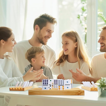 GOTHINK Mexican Train Dominoes Set, 91 Tiles Double 12 Dominos Set for Adults and Family, with Wooden Trays*8, Metal Trains*9, Wooden Hub & Scoreboards, Dominoes Tile Board Game in Storage Case Games