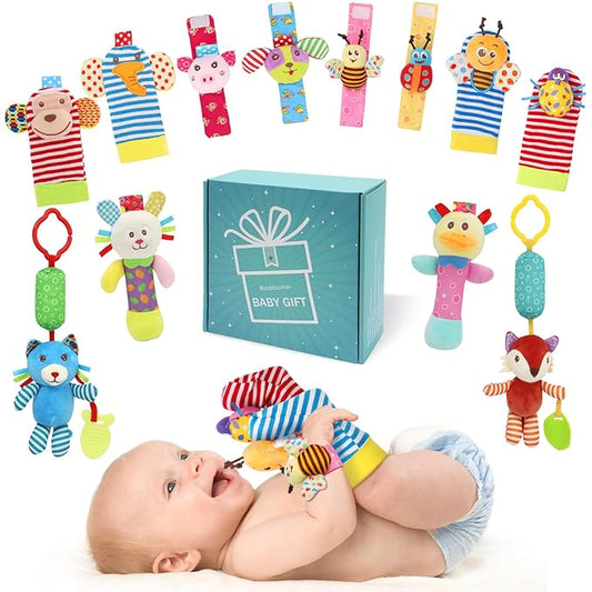 BLOOBLOOMAX Baby Hanging Rattle, Wrist Rattles Foot Finder Rattle Sock, Hand and Feet Rattle Toy, Newborn Present Baby Shower Birthday Gift Set for0 3 6 9 12 24 to 36 Months Babies(12 E)