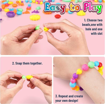 FUNZBO 520+ Snap Pop Beads - Beads for Bracelets Jewelry Making Kit, Arts and Crafts Supplies for Kids, Toys for Girls Age 3 4 5 6 7 8 Years Old Birthday Easter Holiday Valentine Gift