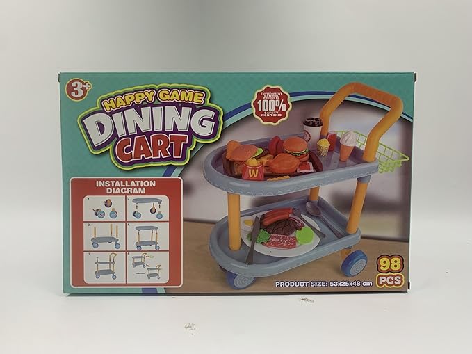 Kids Food cart Toy Sets,Kids Role Play Large Dining car Toys and 98pcs Food, Kitchen, Tableware Accessories., Educational Toys for 3+ Years Boys/Gir