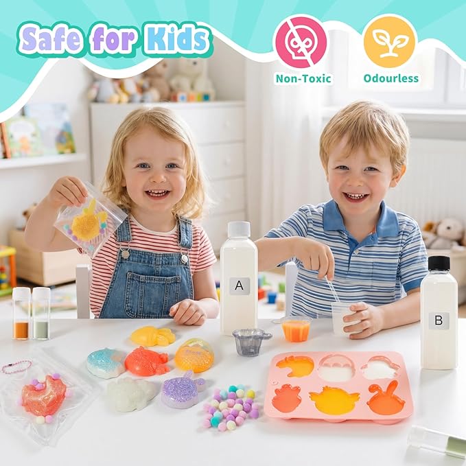 Crelloci Glow in the Dark Squishy DIY Kit for Kids 6+, Easter Animal Squishy Making Craft Set with Silicone Mold, Glow Powder, Glitter & Charms, Sensory Fidget Toy, Easter Basket Stuffer Gift