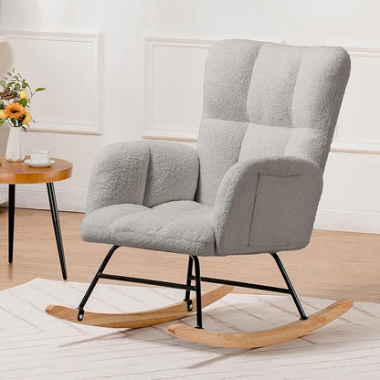 COMHOMA Nursery Rocking Chair, Teddy Upholstered Glider Rocking Chair with Side Pockets, Accent Chair with High Backrest Reading Chair for Adult, Nursery, Bedroom, Living Room,Offices (Grey)