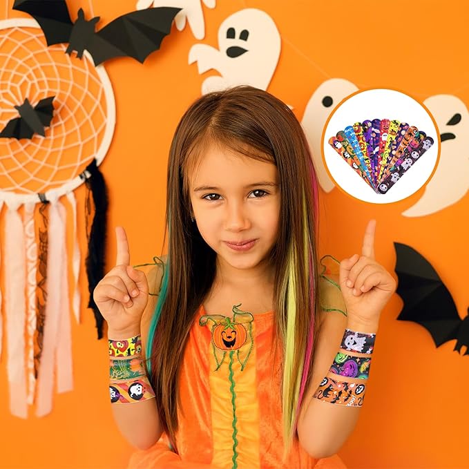 48 Pieces Halloween Slap Bracelets Bulk Party Favors for Kids - 12 Designs Spooky Snap Bands, Trick-or-Treat Goodie Bag Fillers, Classroom Prizes Accessories, Wrist Decorations Gifts Supplies