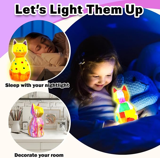 FUNZBO 4.3in Paint Your Own Cat Lamp Kit - Arts and Crafts Supplies Kitten Painting Kits for Kids Teens, DIY Night Light Toy for Toddler Girl Boy Ages 3 4 5 6 7 8 9 10 11 12 13+ Birthday Easter Gift