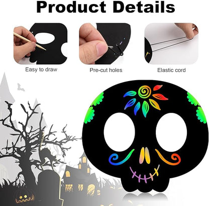 48pcs Halloween Scratch Mask, Skull Magic Scratch Paper Art Masks Set Funny Paper Art Craft Kit Halloween Party Favor Supplies for Kids