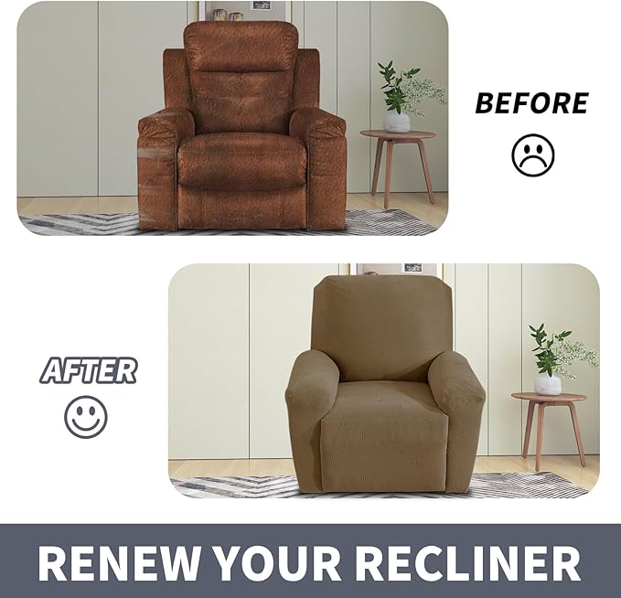 JIVINER Recliner Chair Covers, Jacquard 3 Piece Slipcovers for Recliner Chair Soft Stretch Lazy Boy 1 Seater Reclining Protector with Pockets (Recliner, Brown)