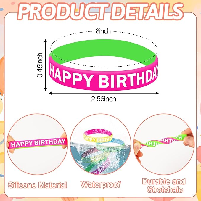 JUNEBRUSHS Birthday Rubber Bracelets, 24pcs Happy Birthday Silicone Bracelets Wristbands for Classroom Teachers Birthday Party Favors Reward Gifts Accessories（12 Designs）