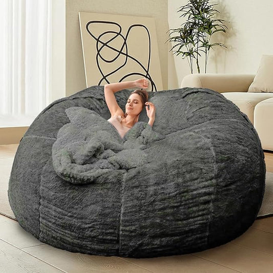 Bean Bag Chair for Adults Kids Without Filling Comfy Fluffy Giant Round Beanbag Lazy Sofa Cover for Reading Chair Floor Chair, 6FT, Dark Grey