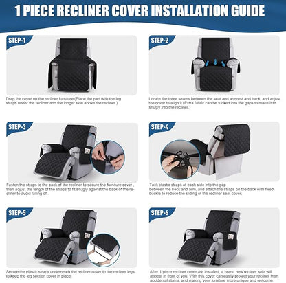 TAOCOCO 100% Waterproof Recliner Covers, Recliner Sofa Covers with Leg Straps, Reversible Recliner Couch Cover for Reclining Chair, Washable Couch Protector for Pets Kids(1 Seater 28", Black)