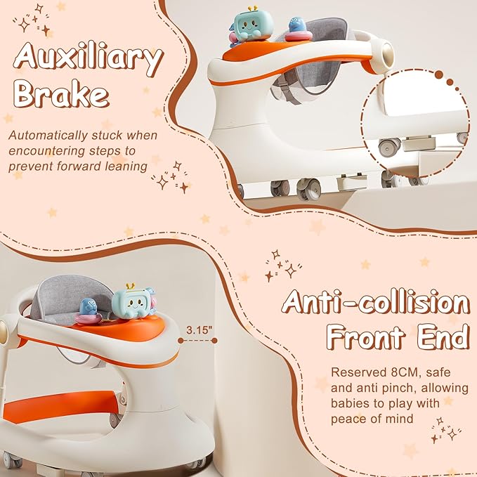 Baby Walker with Wheels, 5-in-1 Foldable Baby Walker for Boys and Girls 7-18 Months with Adjustable Height Detachable Seat and Music Tray Baby Activity Walker, Anti-Fall Activity Center for Boys Girls