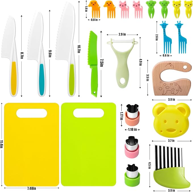 23 PCS Kids Cooking Sets, Kitchen Tools for Toddlers' Real Cooking, Kids Kitchen Knife Set with Cutting Board Kid Safe Knives Peeler Sandwich Cutters Crinkle Cutter, for Girls Boys